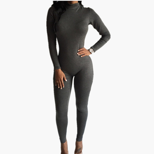 Wholesale- 2016 New Women One Piece Jumpsuits Long Sleeve Turtleneck Bodycon Back Zipper Long Pants Sexy Outfits Club Rompers