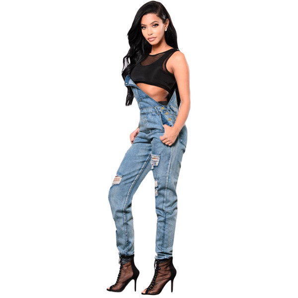 Women Denim Jumpsuit Ripped Hollow Out Overalls Hole Female Pockets Button Casual Dungarees Ladies Long Jeans Playsuit Rompers