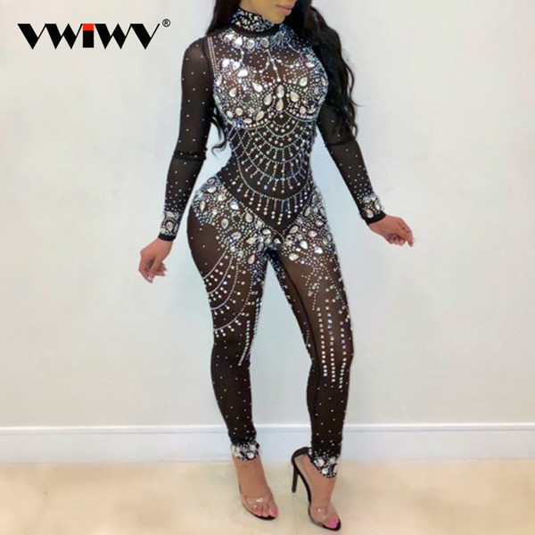 VWIWV Women Mock Neck Jumpsuit Sequin Rhinestone Diamonds Jumpsuits Long Sleeve Skinny Bodysuits Clubwear Party One Piece Romper