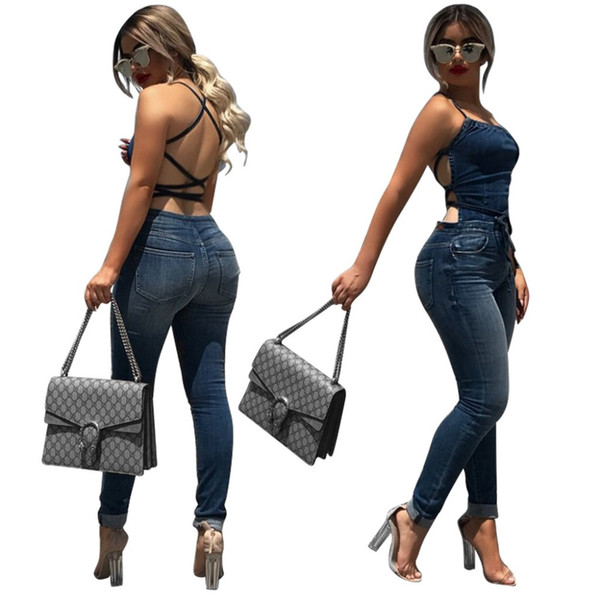 Adogirl Denim Overalls Women Bib Jeans Jumpsuit Sexy Spaghetti Straps Lace Up Backless Bodycon Bandage Demin Pants