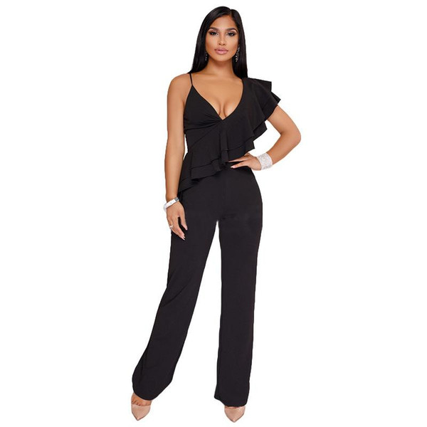 Fashion women sexy jumpsuit 2018 spring summer black/red sleeveless deep v-neck backless ruffles straight nightclub jumpsuit