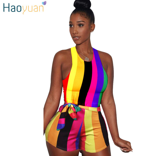 HAOYUAN Sexy Striped Playsuit With Sashes Summer Overalls Club Bodycon Bodysuit One Piece Shorts Rompers Womens Jumpsuit