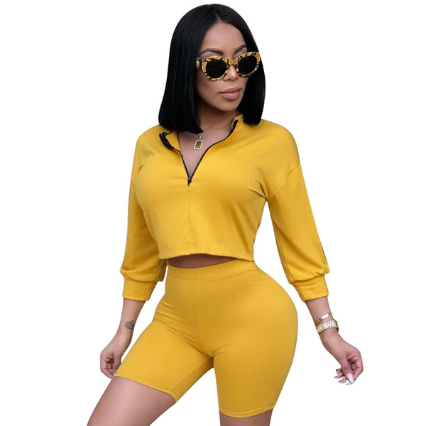 Summer Rompers Womens Jumpsuit Casual 3/4 Sleeve Zipper Short Pants Bodycon Playsuit Solid Two Piece Set Playsuits Sexy Bodysuit