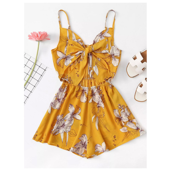 Wipalo Women Front Tied Sexy Sling Chiffon Jumpsuit Strap Romper Ladies Casual Floral Print Spaghetti Strap Playsuits Summer Set