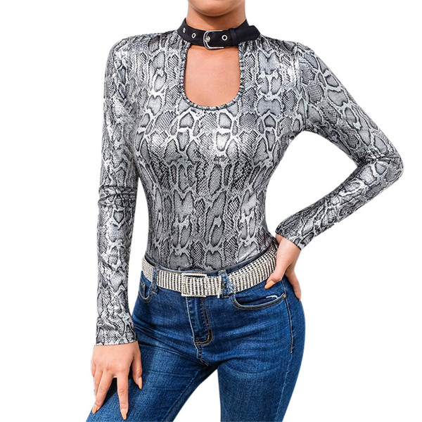 Women Silver Leopard Print Jumpsuit Long-sleeved Sexy Belt Loop Collar Bodysuit Jumpsuit Playsuit Base rompers mujer #Z