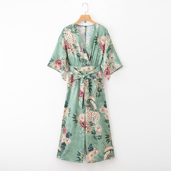 2019 Women's Fashion Floral V-neck Cropped Jumpsuits Rompers Women With Belt KZ0506-1