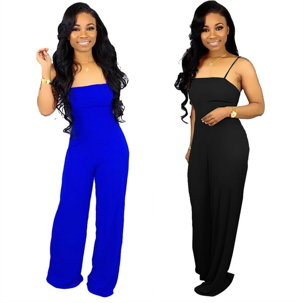 Summer Hot Sale Mop The Floor Pants Jumpsuit Women Spaghetti Strap Sleeveless Wide Leg Romper Solid Back Lace Up Overall LS6264