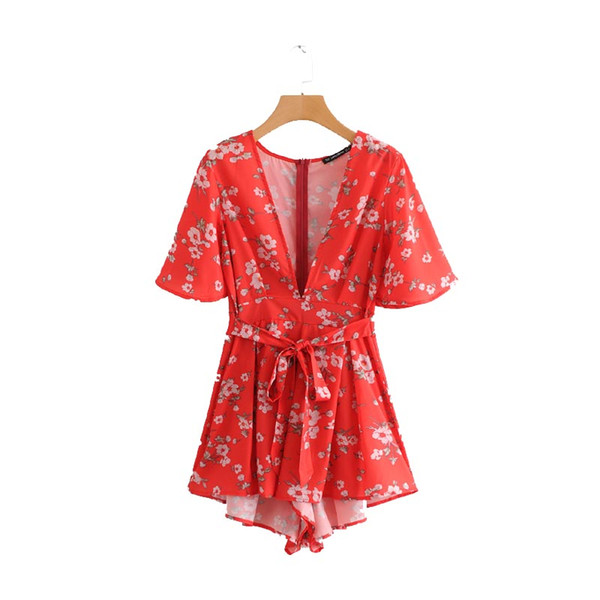 KZ008 Fashion Ladies Floral Print Deep V Neck Short Sleeve Playsuit Ladies Summer Chiffon Playsuits Ju1mpersuit