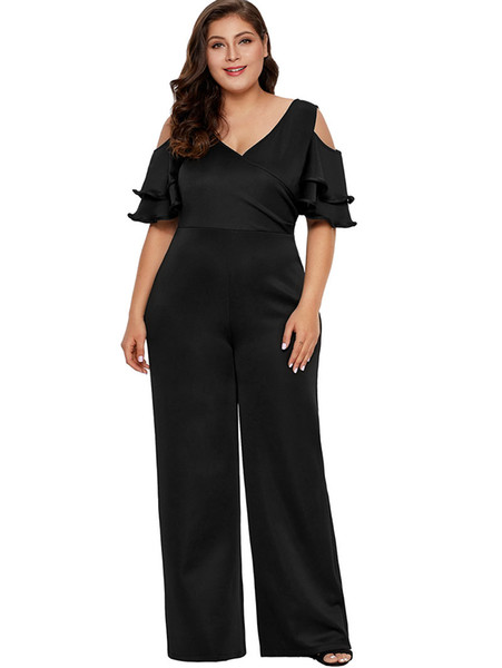 Wipalo Women Plus Size 5XL Cold Shoulder Wide Leg Surplice Jumpsuit Ladies Plunging Neck Short Sleeve Solid Casual Loose Rompers