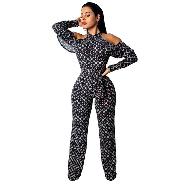 Jumpsuit Women Sexy Bodycon Plaid Print Jumpsuit Cutout Shoulder Ruffles Tied High Waist Long Sleeve Wide Leg Overalls For Women