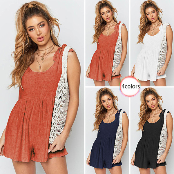 Hot sale Cotton Blend Summer Loose U Neck Sexy Short tank top style Jumpsuit Rompers for woman