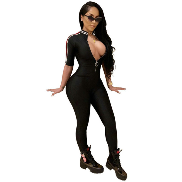 Woman Tight Bodysuit Sexy Overalls Night Club Rompers Party Playsuit Bodycon Black Jumpsuit Macacao Sporty Stripe Jumpsuit