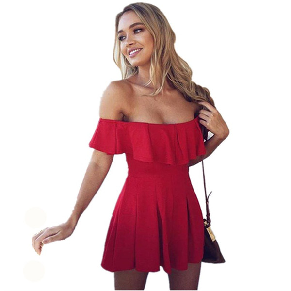 Lossky Bodysuit Summer Women Hot 2018 Sexy Slash-Neck Wrapped Chest Strapless Backless Ruffle Women Mini Jumpsuit Summer Red