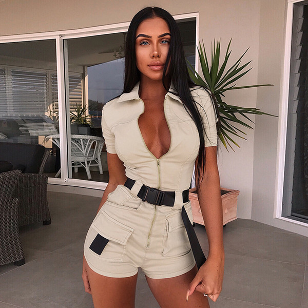 2019 Summer Women Overalls Casual Romper Jumpsuit Front Zipper Shorts Summer Cargo Pants Shirt Jumpsuit Female Khaki Playsuit