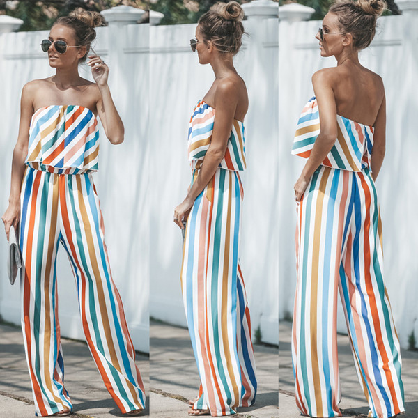 Fashion Women Jumpsuit Romper Colorful Striped Strapless Wide Leg Trousers Party Office Ladies Summer Female Clothes