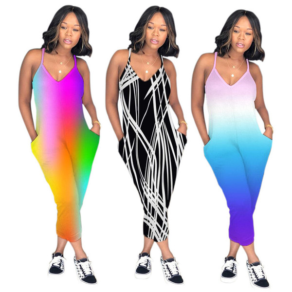 DORVIVON combinaison femme 2019 summer gradient color womens jumpsuits summer pockets rompers v-neck strap body mujer clothes