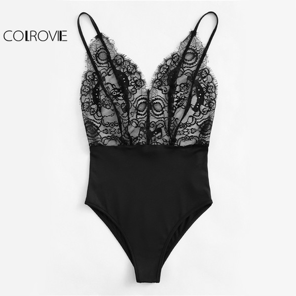 COLROVIE Vintage Lace Cami Bodysuit Mixed Media Women Patchwork Slim Sleeveless Bodysuits Black V Neck Basic Strap Bodysuit