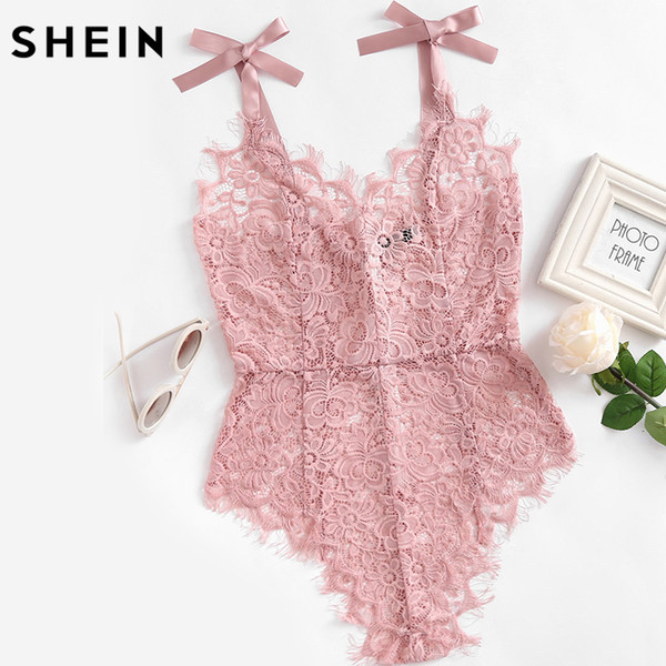 SHEIN Ribbon Tie Shoulder See Though Floral Lace Bodysuit Ladies Sexy Bodysuit Pink Sleeveless V Neck Cute