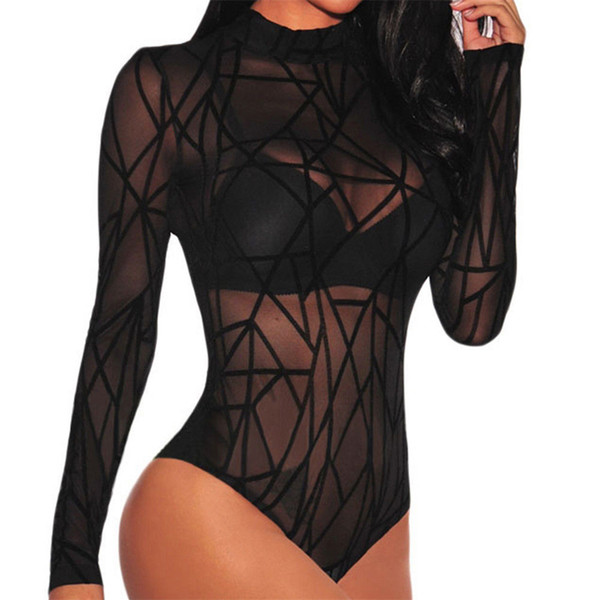 Sexy Solid Mesh Sheer Skinny Bodysuit Women Autumn Long Sleeve Sexy Body Office Female Basic Bodysuits