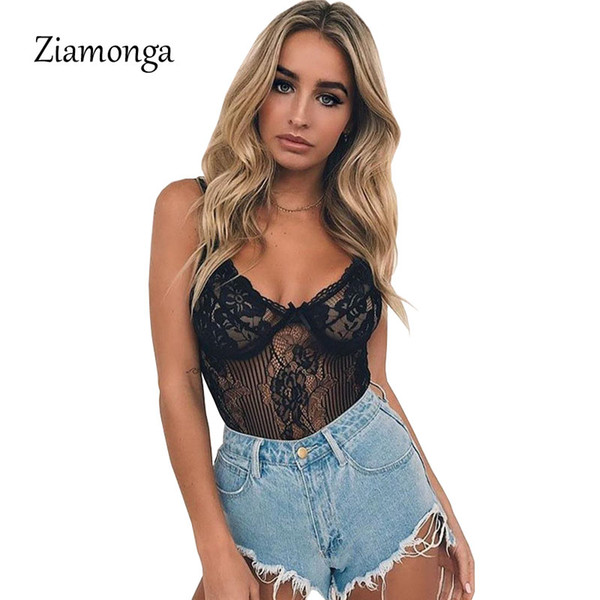 Ziamonga 2017 Body Fitness White Lace Bodysuit Sexy Rompers Women Jumpsuit Sleeveless Transparent Bodysuit Hollow Out Playsuits