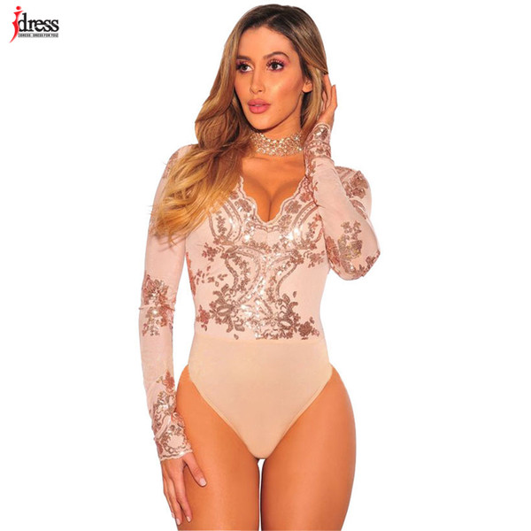 IDress New Womens Overalls Combinaison Short Femme Sexy Bodycon Deep V-Neck Sequin Bodysuits Long Sleeve Jumpsuit Body Feminino