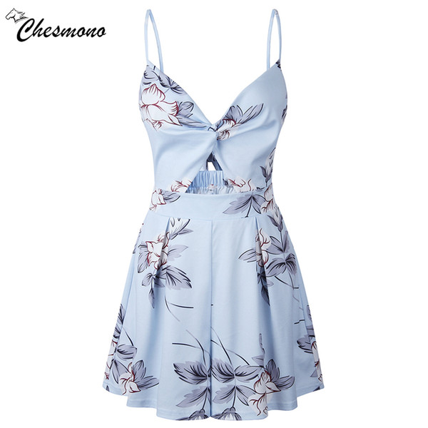 casual Floral Print strap backless bowknot Playsuits Women Elesummer V Neck Jumpsuits Rompers Sexy Beach Short Overalls