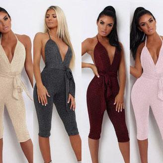 Womens Jumpsuits Summer New Shiny Halter Jumpsuit Sexy V-neck Cropped Pants Nightclub Style Open Back Clothes 4 Colors