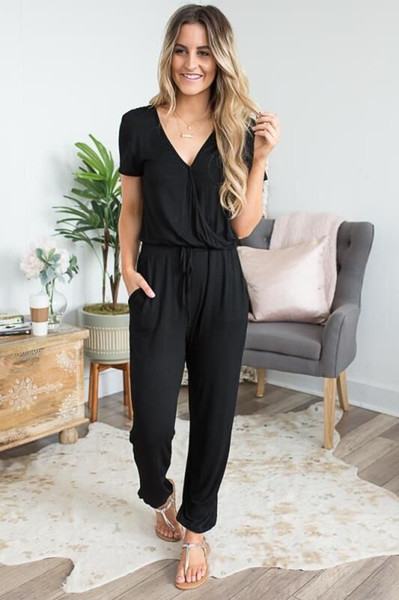 Luxury Womens Solid Color Jumpsuits Fashion Women Summer Short Sleeve Capris Rompers Tops Womens Clothes Size S-XL