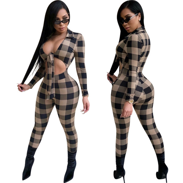 Womens Jumpsuits 2019 Spring New Sexy Openwork Jumpsuit Fashion Checkered Trousers Slim Bandage Pants