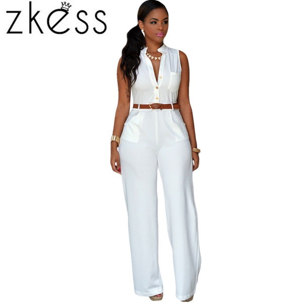 Wholesale-Zkess Adult 7 Colors Plus Size 2XL Women Playsuits Fashion White Belted Wide Leg Jumpsuit Rompers Long Macacao Overalls LC60932