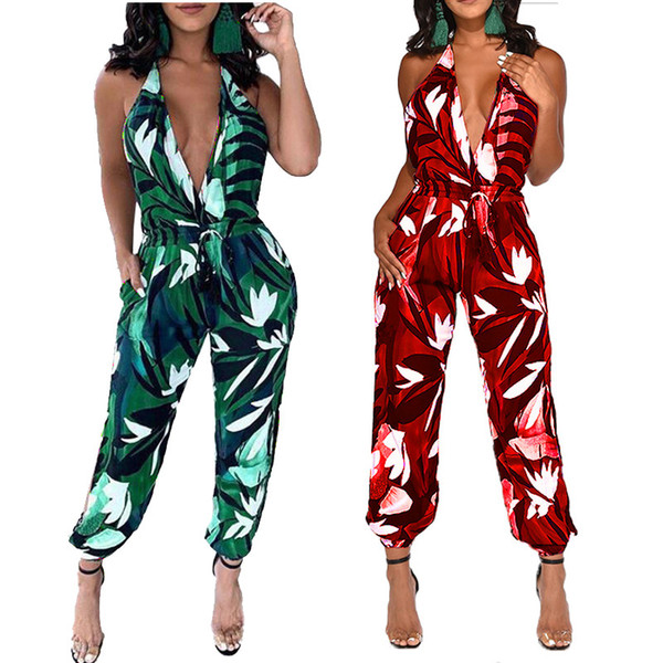 Women Jumpsuits & Rompers Sexy & Club Halter backless sleeveless deep-v neck bloomers contrast color sashes summer clothes plus size 496