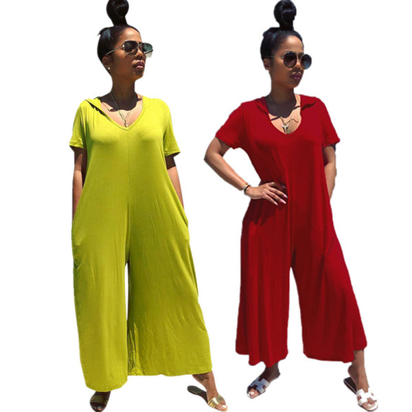 Women's Jumpsuits & Rompers loose sportswear casual clothes pocket hooded v-neck natural color full-length short sleeve summer clothing 257