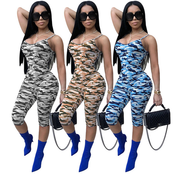 Women summer Jumpsuit Rompers sportswear fitness running gym fashion spaghetti strap camouflage leggings capris sleeveless knee-length 514