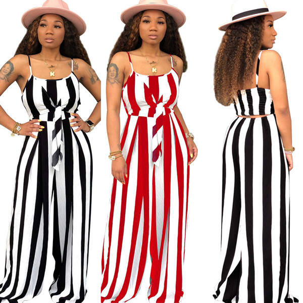 Women Jumpsuits Rompers Spaghetti Strap striped sleeveless sashes loose backless full length Wide-legged pants summer clothes plus size 493