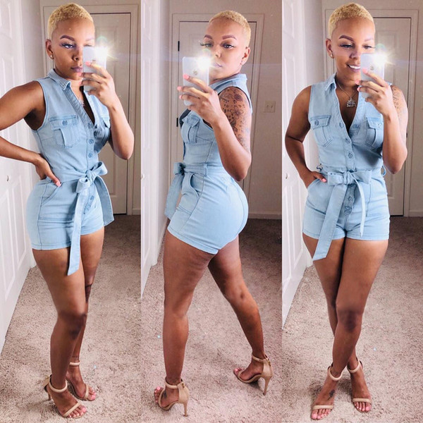 Women jeans Jumpsuits & Rompers fashion bodycon lapel neck sleeveless above knee shorts sashes pocket button summer clothing plus size 492