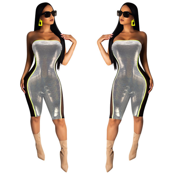 Women's Jumpsuits & Rompers strapless sleeveless off shoulder Bodycon leggings Knee length Contrast color panelled sexy summer clothing 416