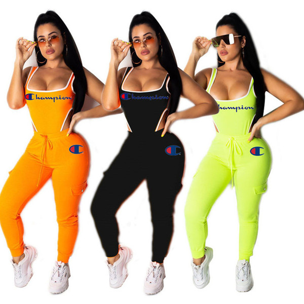 Champions Women Jumpsuits & Rompers sleeveless scoop neck hollow out leggings pants ankle-length sportswear gym summer clothes plus size 346