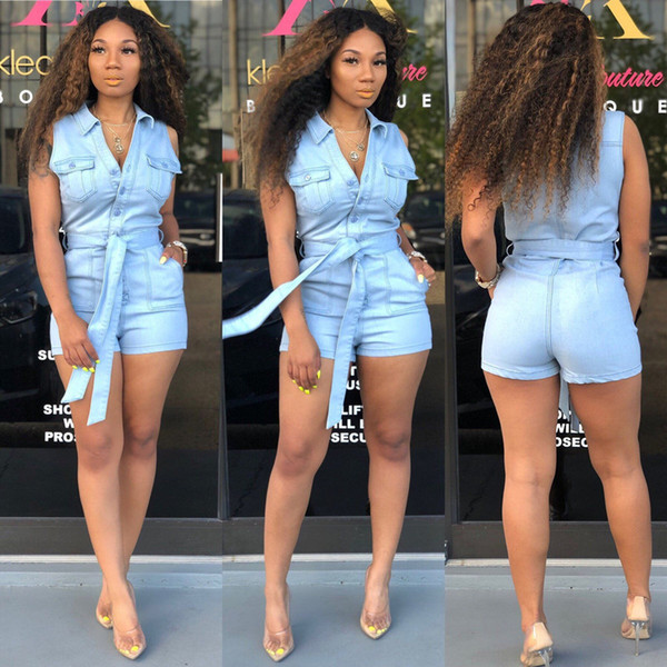 Women jeans Jumpsuits Rompers sexy & club bodycon lapel neck sleeveless above knee shorts sashes pocket button summer clothes plus size 492