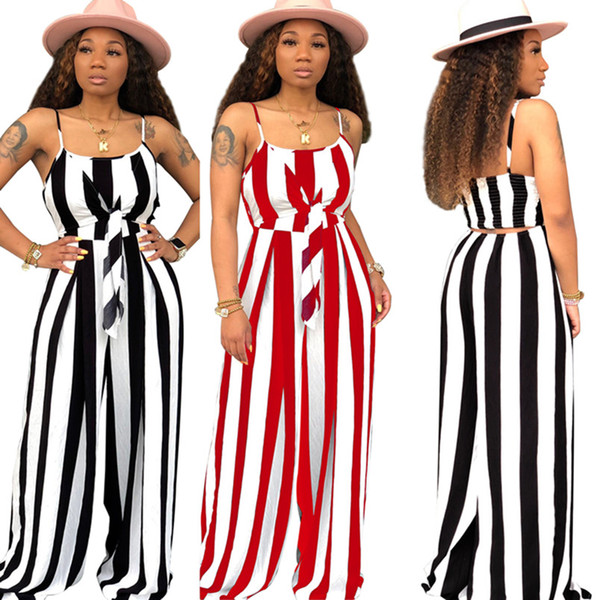 Women Jumpsuits Rompers Spaghetti Strap stylish striped sleeveless loose backless Wide-legged contrast color summer clothing plus size 493