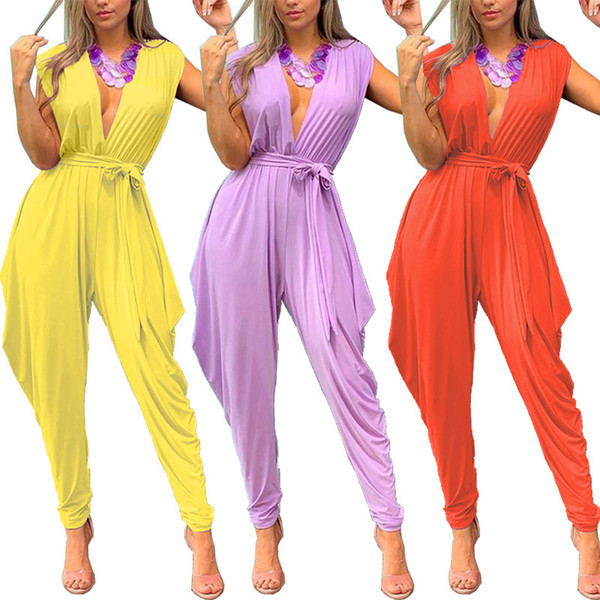 Women Jumpsuits & Rompers solid color deep-v neck loose sashes sleeveless full-length natural color fashion stylish sexy summer clothes 489