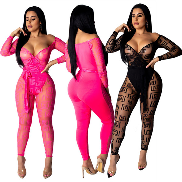 Women's Jumpsuits & Rompers fashion stylish sexy bodycon leggings full-length pants sheer off shoulder deep-v sexy long sleeve plus size 197