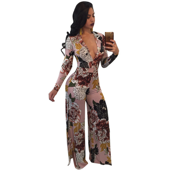 Boho Floral Print EleJumpsuit Rompers Women Long Sleeve V Neck Loose Casual Wide Leg Jumpsuit High Split Sexy Club Overalls