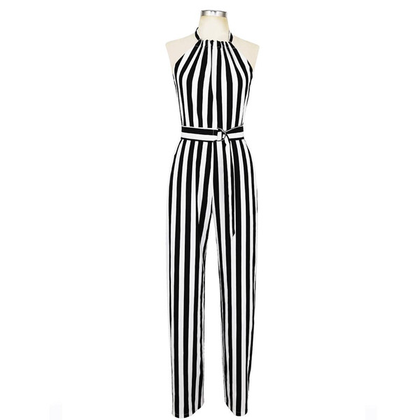 Sisjuly summer Women Wide legs halter Jumpsuit Sleeveless Backless EleStriped Sexy Spaghetti Strap Rompers Casual Jumpsuits