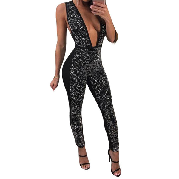 Summer Women Jumpsuit Crystal Deep V Neck Sexy Jumpsuit Female Slim Hollow Jumpsuits Casual Skinny Solid Body Eminino