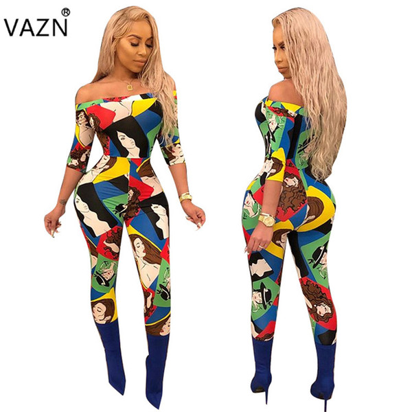 VAZN 2018 summer slash neck Fashion Ladies Sexy Costume Women half sleeve jumpsuits print bodycon full length jumpsuits F8090