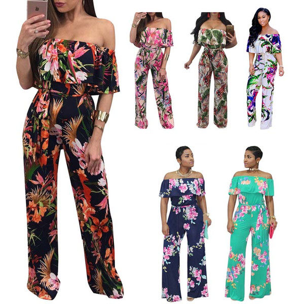 Summer floral Strapless Chiffon short sleeved Jumpsuit dress pants female color Size S-2XL