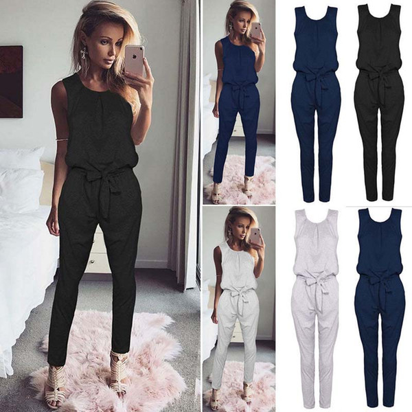 European and American Fashion Women O-Neck Sleeveless bandage Jumpsuits Grey Black Blue Polyester Ladies Fitness Rompers Size S-XL