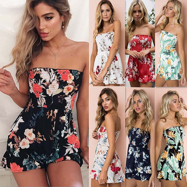 Women Flora Print Off Shoulder Jumpsuits&Rompers Ladies Summer Romper Shorts Trousers Holiday Clubwear