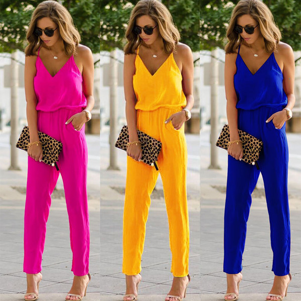 Fashon Sexy Summer Romper Women Plain Jumpsuits Sleeveless Loose Beach Playsuit Boho Summer Jumpsuits Long Pants 3colors