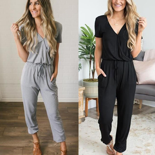 Women V-neck Short Sleeve Loose Solid Full Length Jumpsuits Ladies Rompers Outfit Grey Black Size S-XL